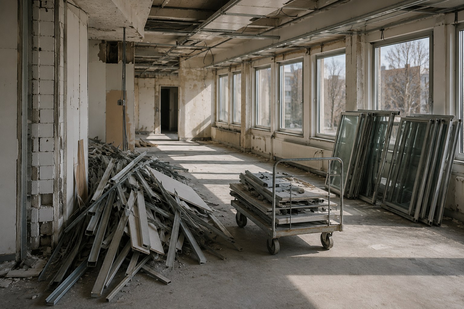 Geräumter Gebäudeinnenraum mit fachgerecht ausgebauten Fensterelementen und demontiertem Material auf einem Transportwagen