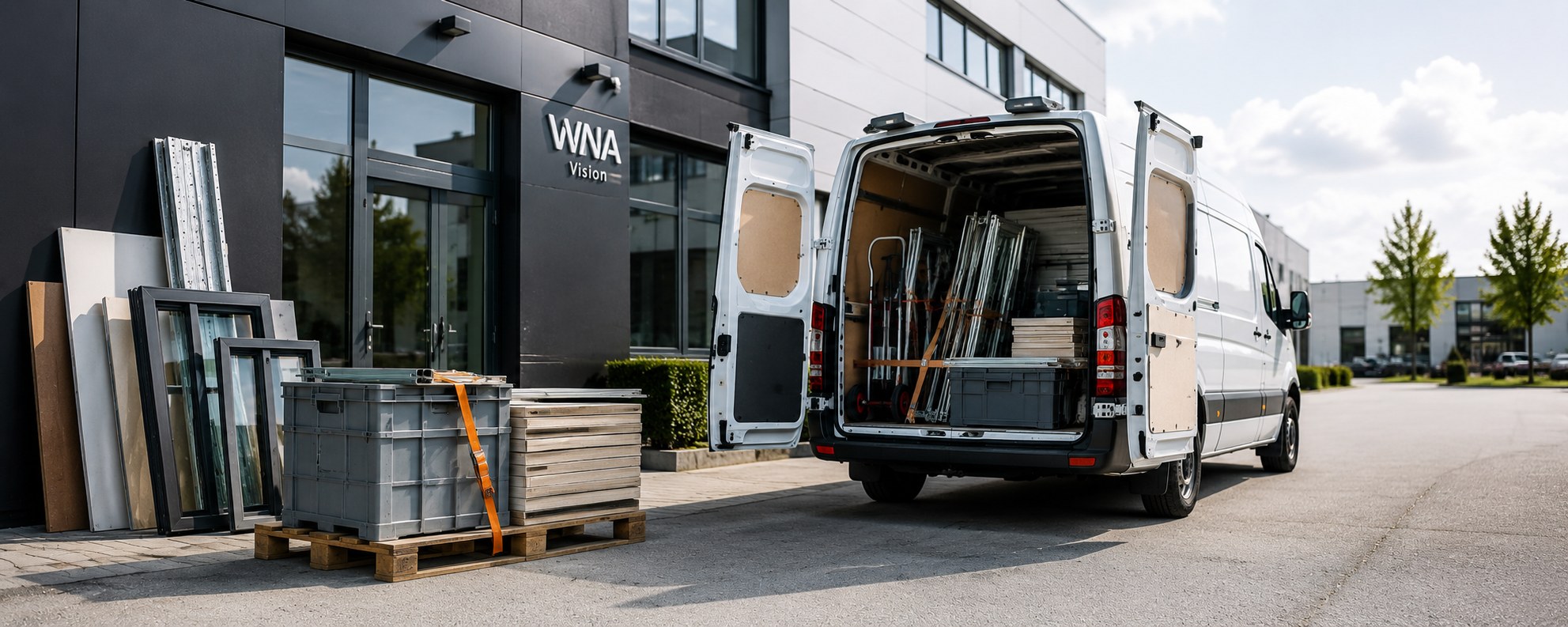 Beladener Firmentransporter mit geöffneten Ladetüren, bereit für den Materialtransport